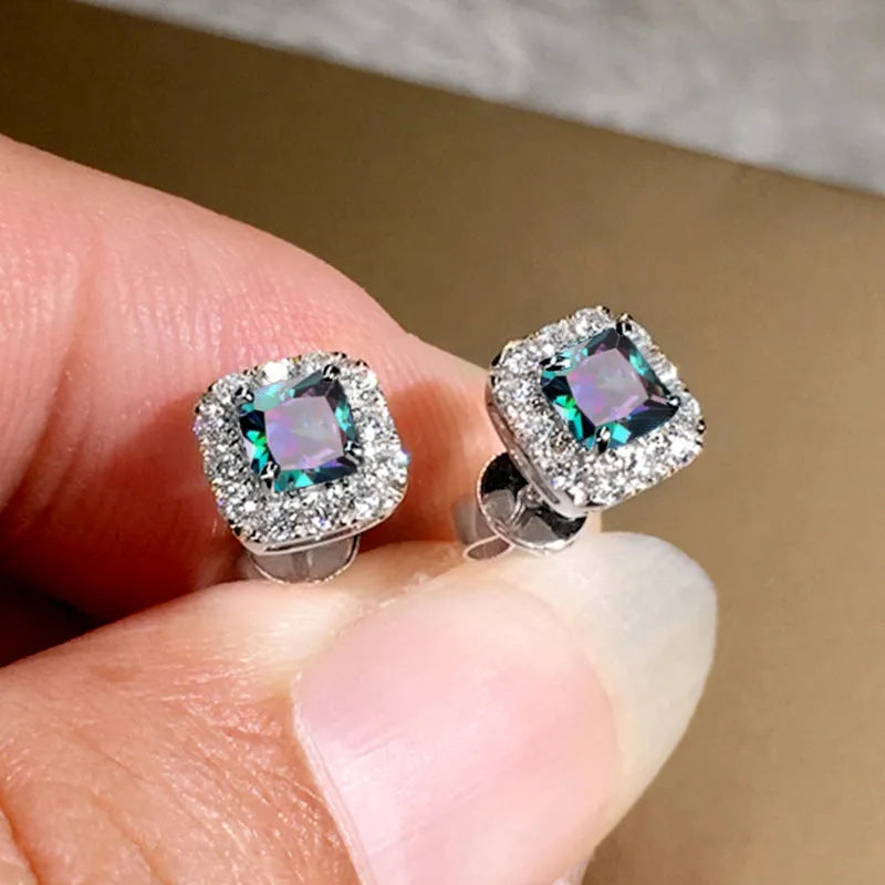 Square zircon earrings with bright grandmother green colour and electroplated copper construction