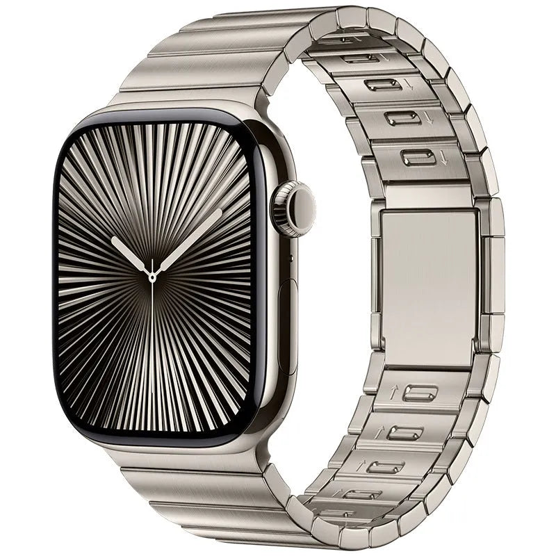 Stainless steel Apple Watch strap with magnetic buckle in business style, showing silver colour option
