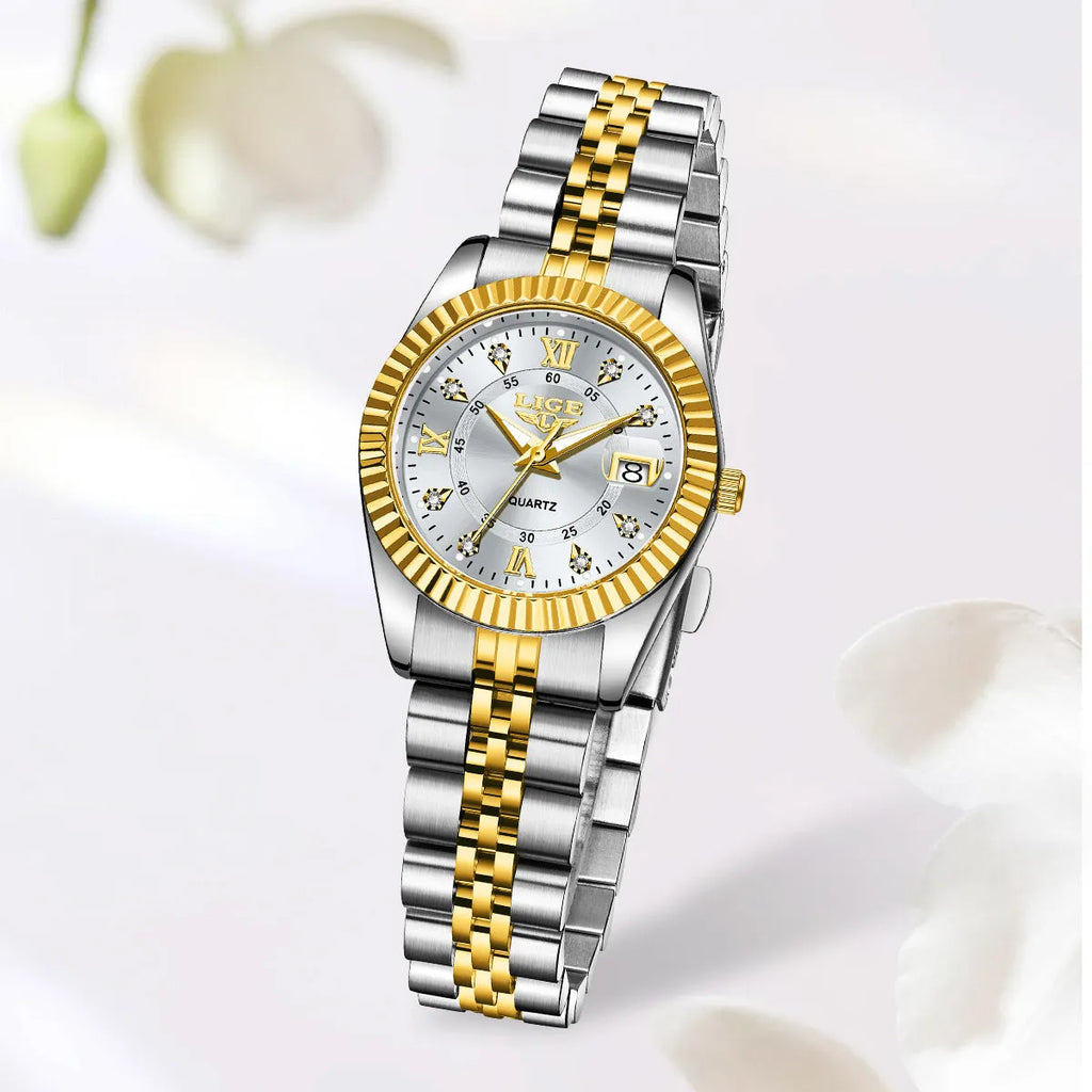 Women's waterproof quartz fashion watch in metallic gold or silver finishes with 10mm thickness