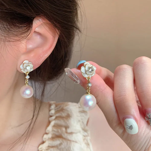Camellia pearl flower stud earrings for women with gold-tone alloy and faux pearl centre