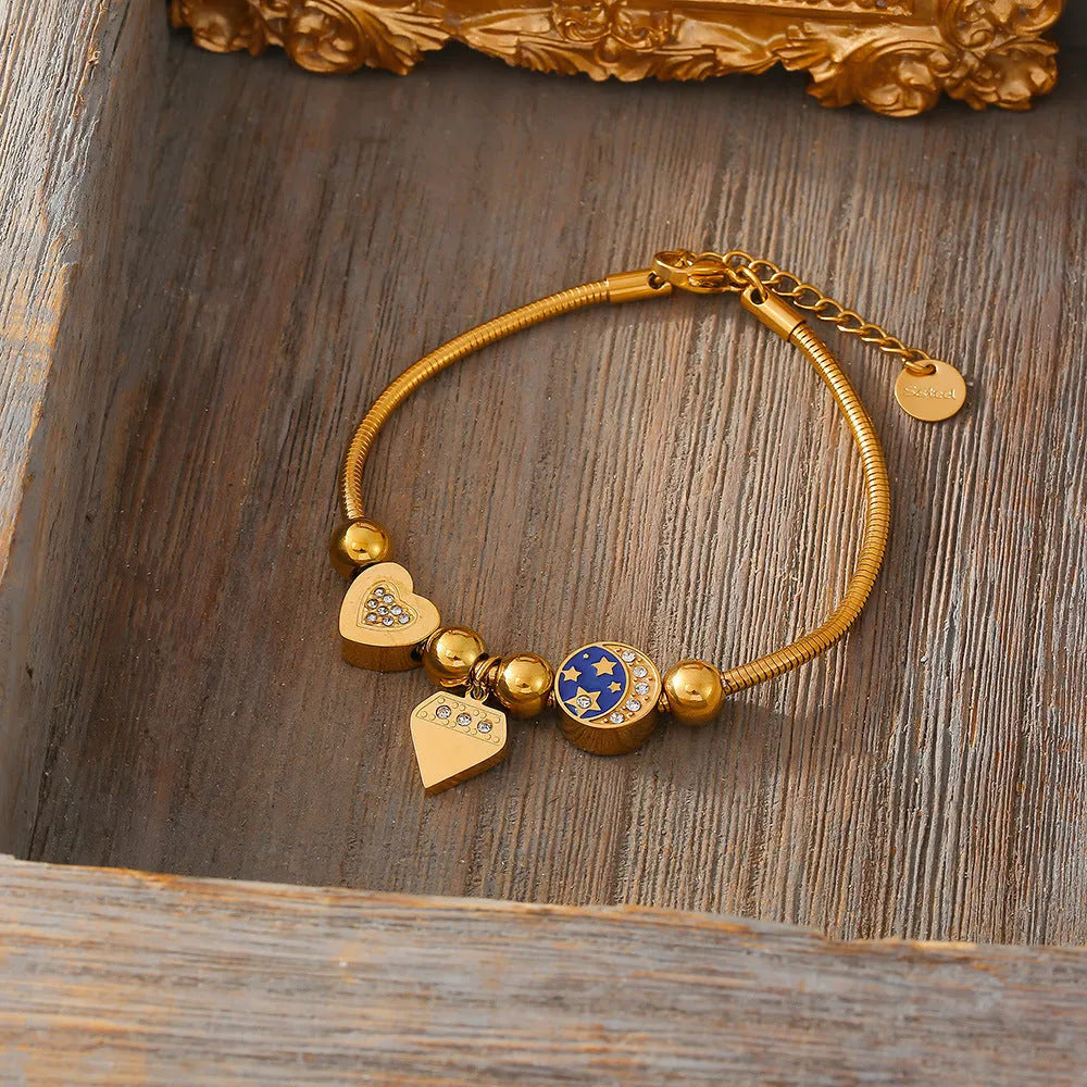 Gold stainless steel women's bracelet with heart-shaped geometric drop oil design on chain