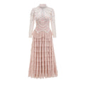 Women's black beaded long sleeve evening dress with full-length skirt and mid-waist design