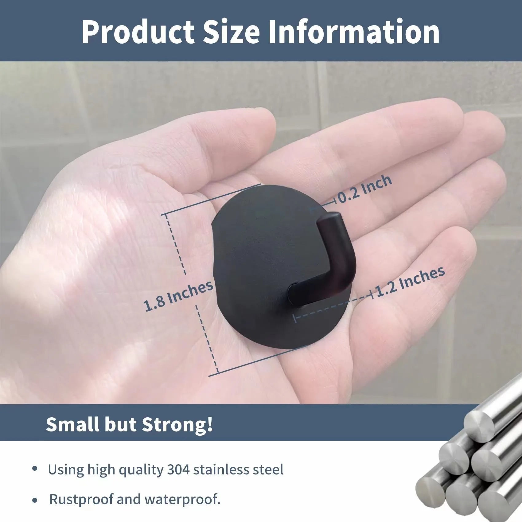 Stainless steel self-adhesive hook in black and polished finishes for bathroom or kitchen use.