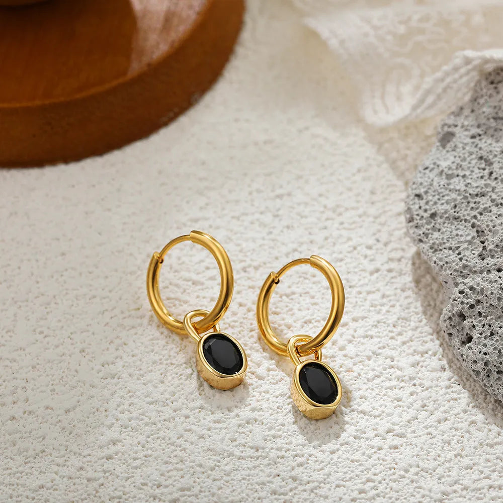 Women's retro simple oval zircon earrings in white, emerald, army green, black, red, blue copper base