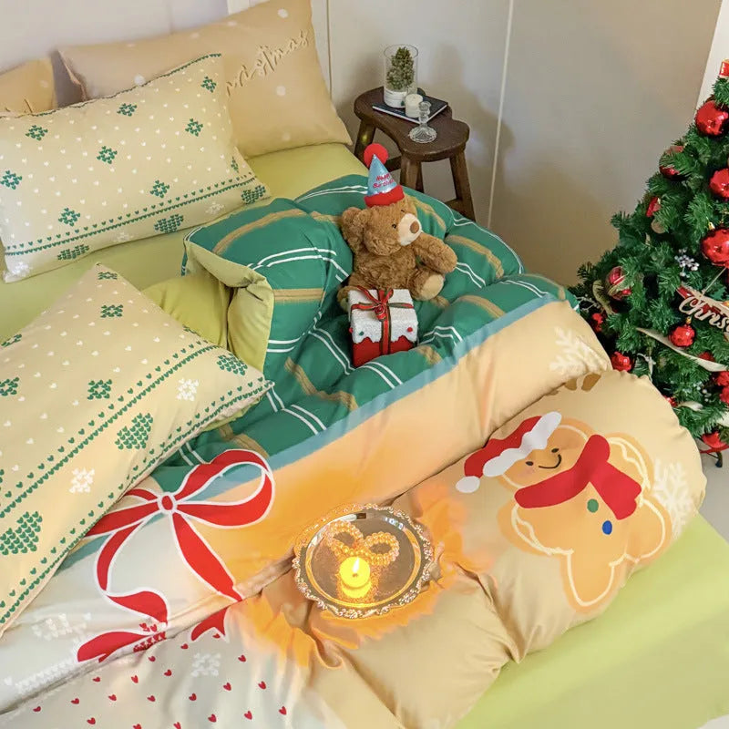 Christmas cartoon printed four-piece bedding set with sheet, quilt cover, and pillowcases.