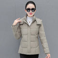 Women's short thick down jacket in black, slim fit with long sleeves and pocket detail