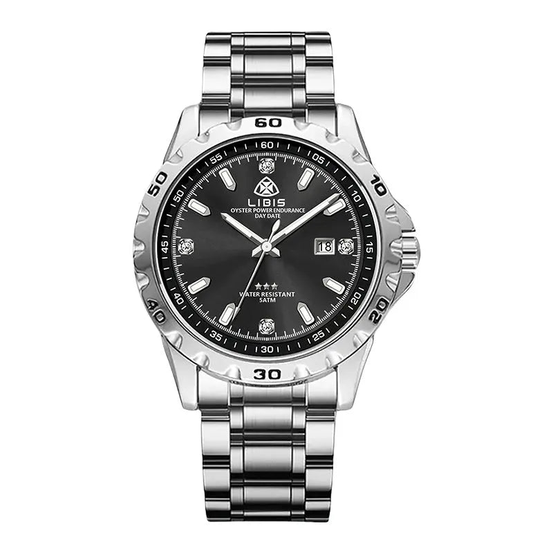 Men's silver case quartz watch with stainless steel strap and luminous hands on black or grey dial