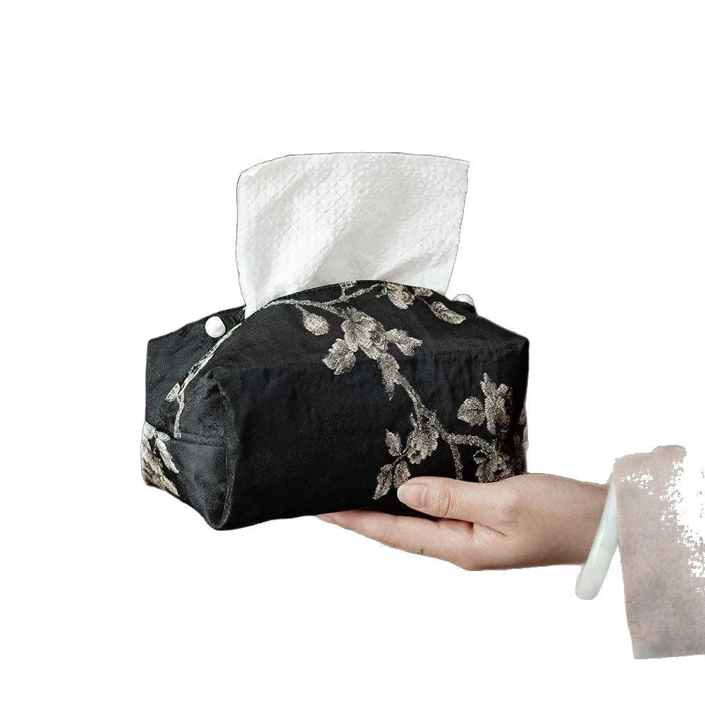 New Chinese style brocade fabric tissue box with embroidered white plum pattern and pearl buckle detail