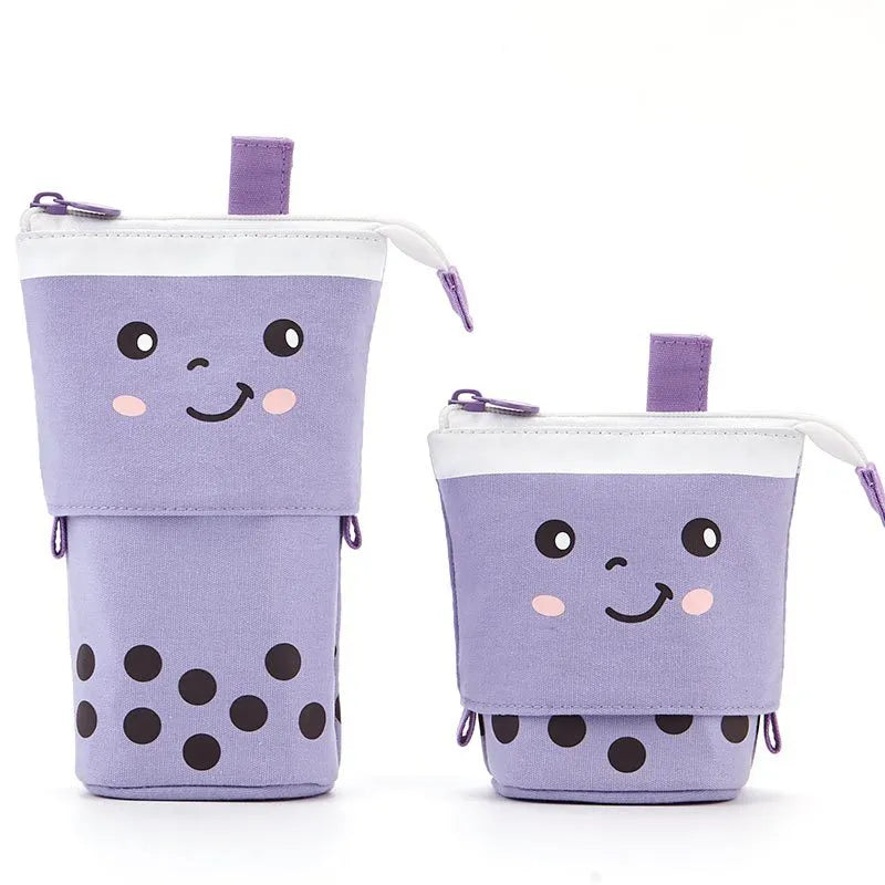 Canvas retractable pencil case with heart smiley face pattern in blue velvet milk tea colour
