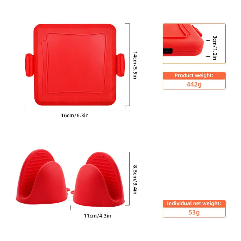 Anti-scald silicone baking tray with matching gloves in red blue orange on a kitchen counter