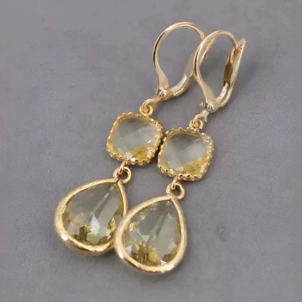 Gold retro geometric earrings with long crystal fringe water droplet elements