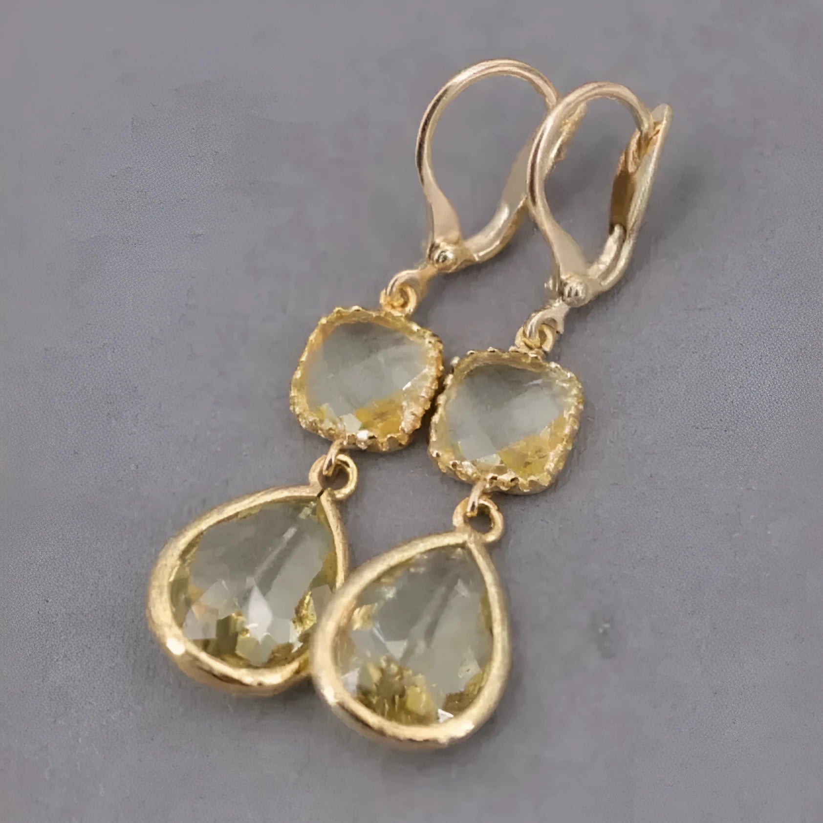 Gold retro geometric earrings with long crystal fringe water droplet elements