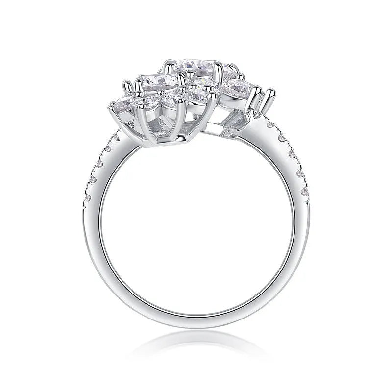 Silver geometric open ring with round moissanite inlay, US sizes 5 to 9, for women.