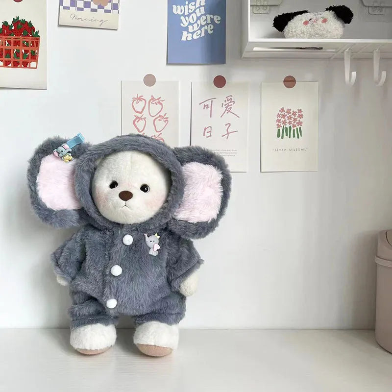 Grey plush elephant jumpsuit doll clothing for a 30cm Lina bear.