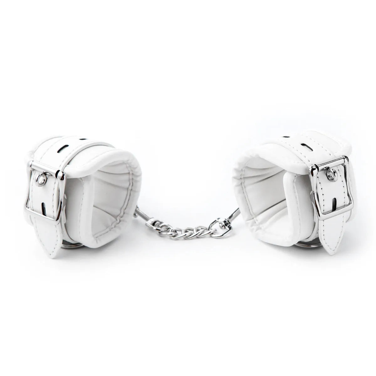 White PU sponge bondage sex toy set showing handcuffs, foot cuffs, and a neck scarf laid out.