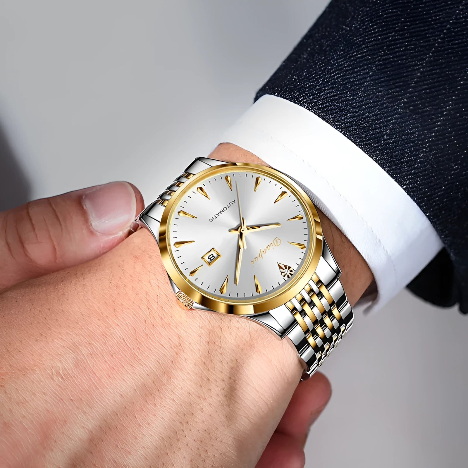 Men's automatic watch with stainless steel bracelet and simple white dial