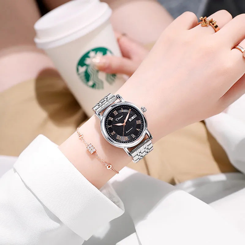 Women's automatic mechanical fashion watch with steel bracelet and white dial showing 12mm thickness