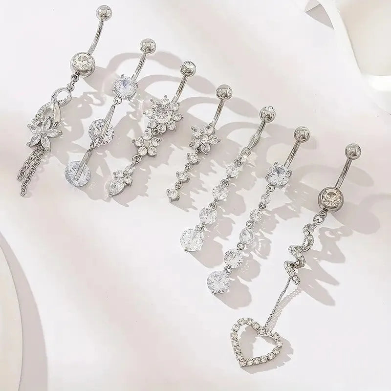 Geometric tassel pendant navel buckle in stainless steel, showing gold and silver colour options for women's belly button piercing ornament