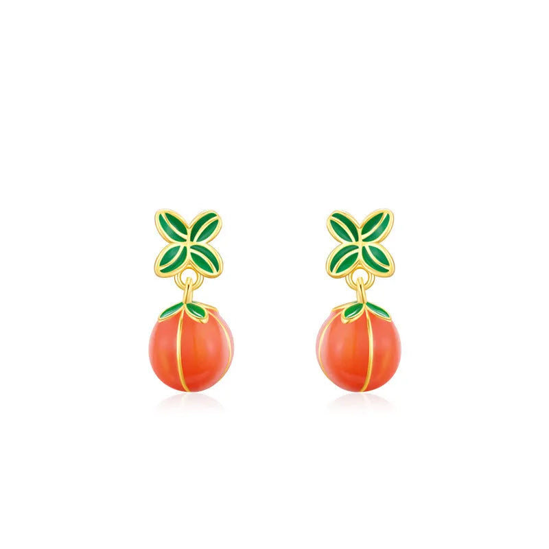 925 sterling silver persimmon stud earrings with lucky fruit design in New Chinese style