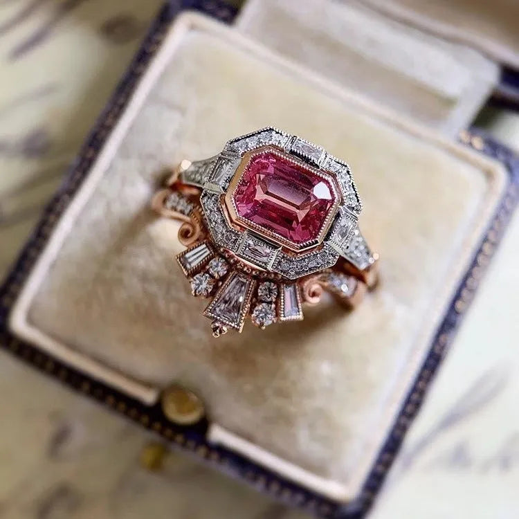 Rose gold geometric women's ring with ruby design in European American retro style