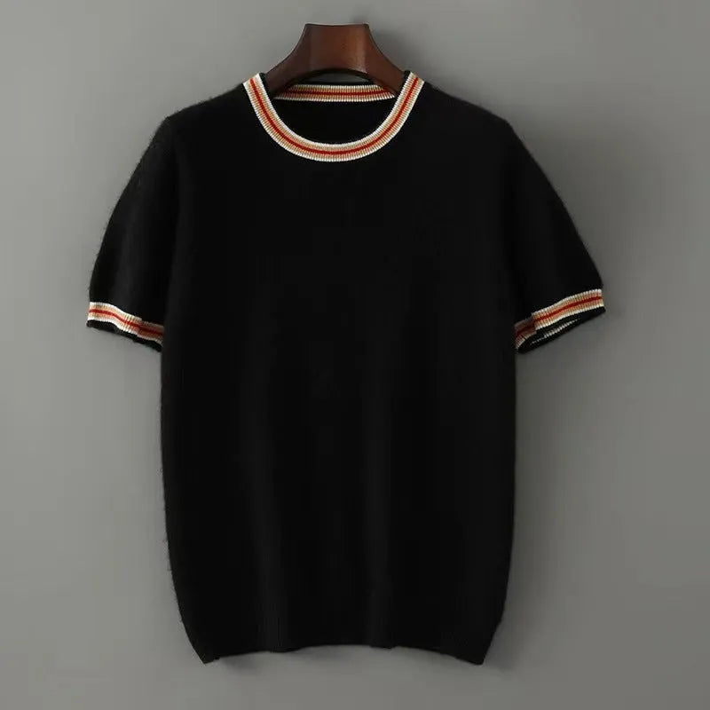Men's grey pure wool short sleeve round neck sweater on hanger