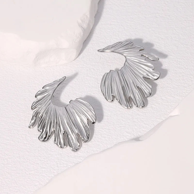 Stainless steel leaf stud earrings with electroplated gold or steel finish