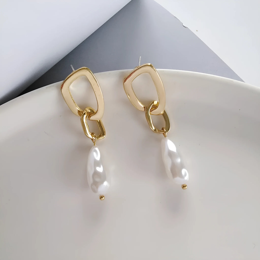 Gold copper irregular French pearl pendant earrings with a geometric shape for women