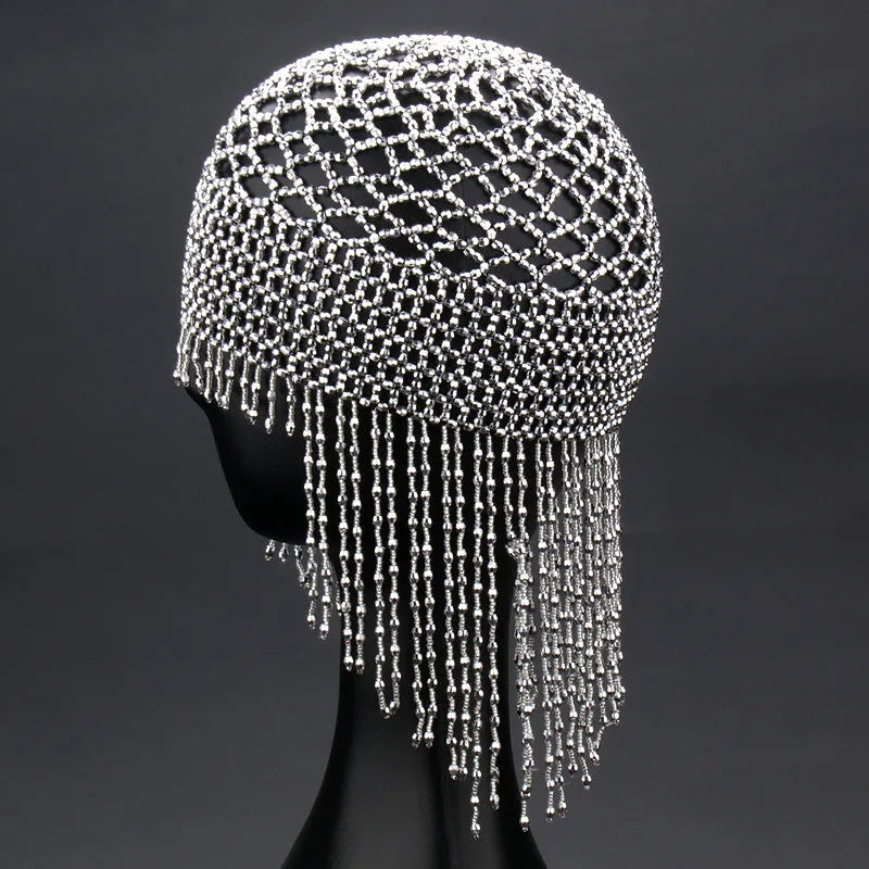 Handmade beaded belly dance hat ornament with tassels in silver or black mesh decoration