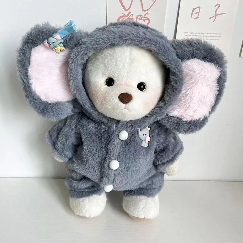 Grey plush elephant jumpsuit doll clothing for a 30cm Lina bear.