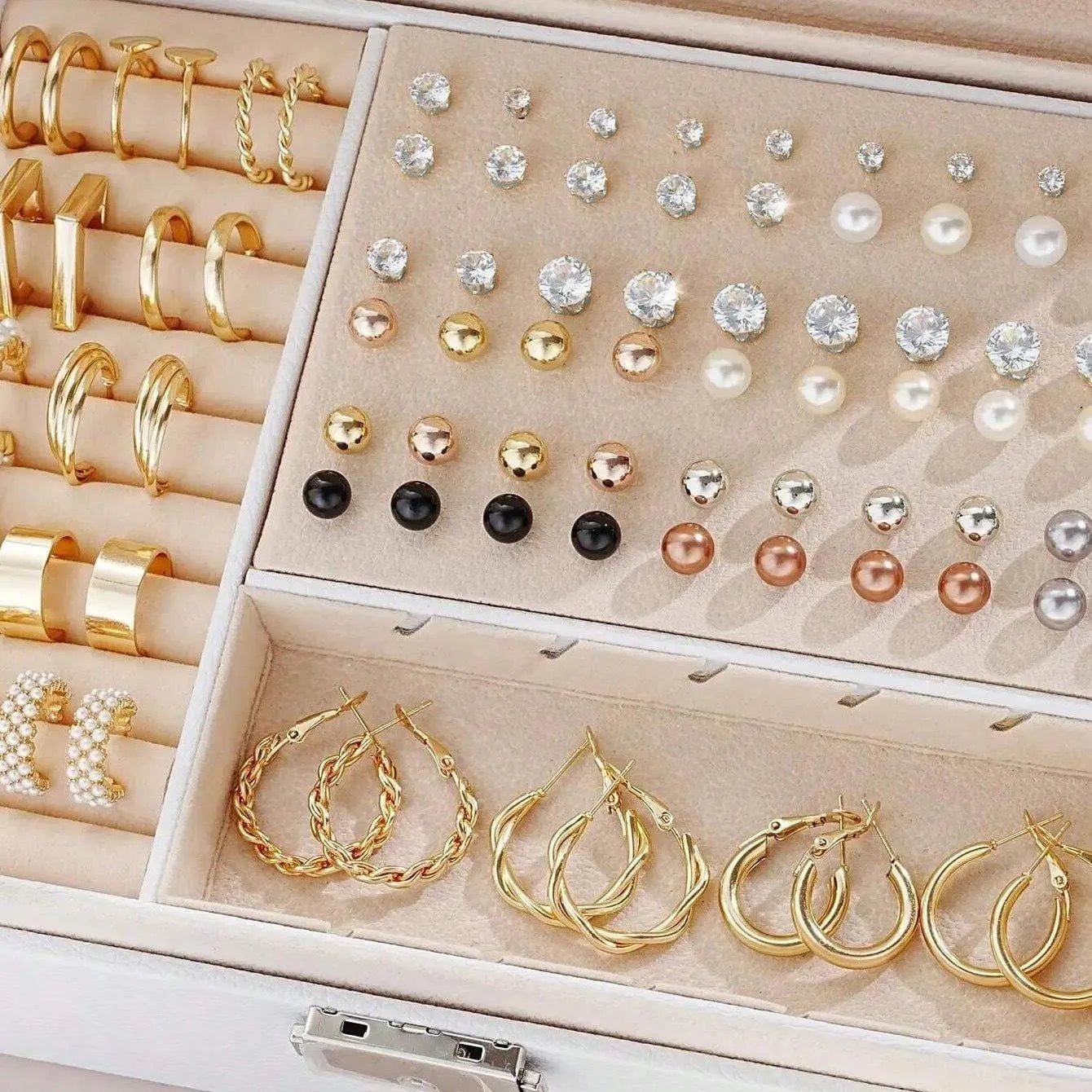 108-piece pearl earrings combination with geometric round design in gold and yellow electroplated finishes