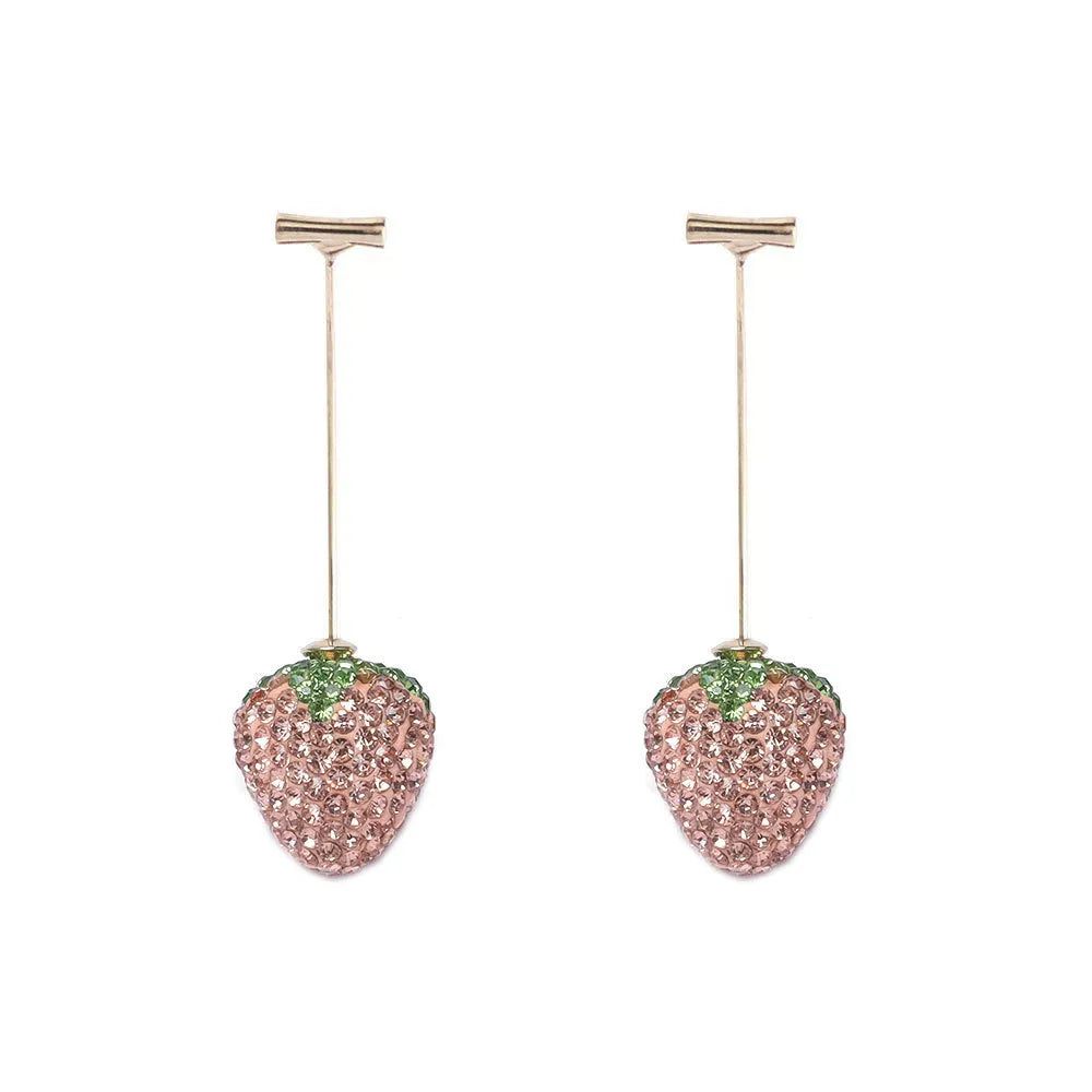 Pair of women's geometric strawberry charm earrings in zinc alloy, spot drill red finish.