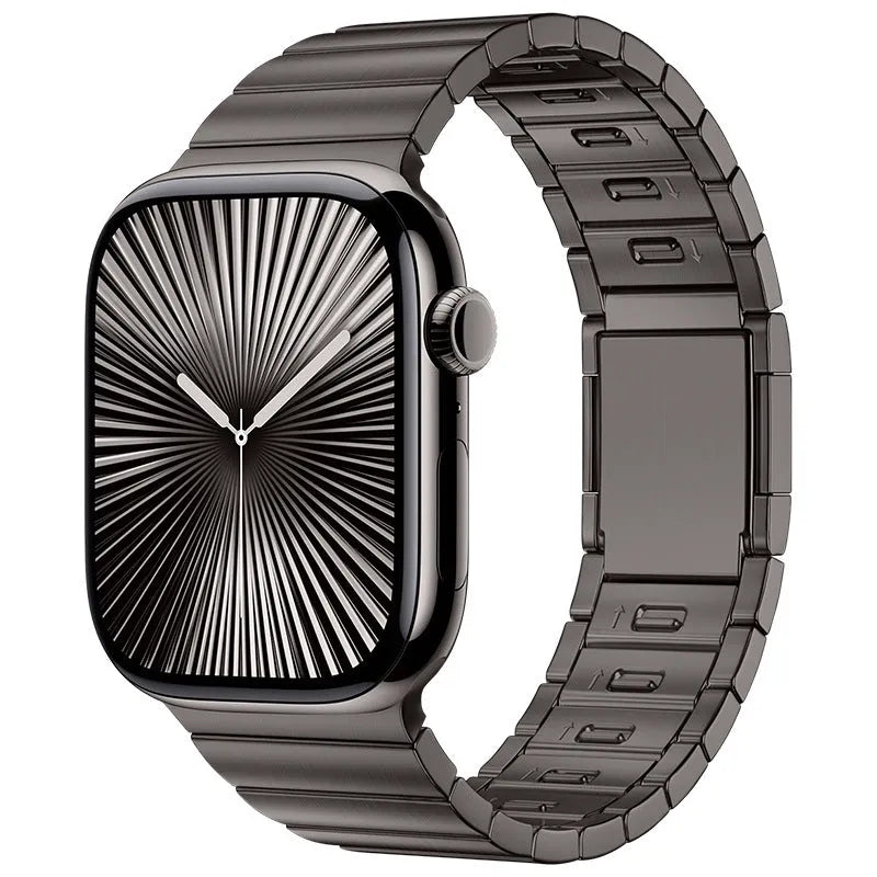 Stainless steel Apple Watch strap with magnetic buckle in business style, showing silver colour option
