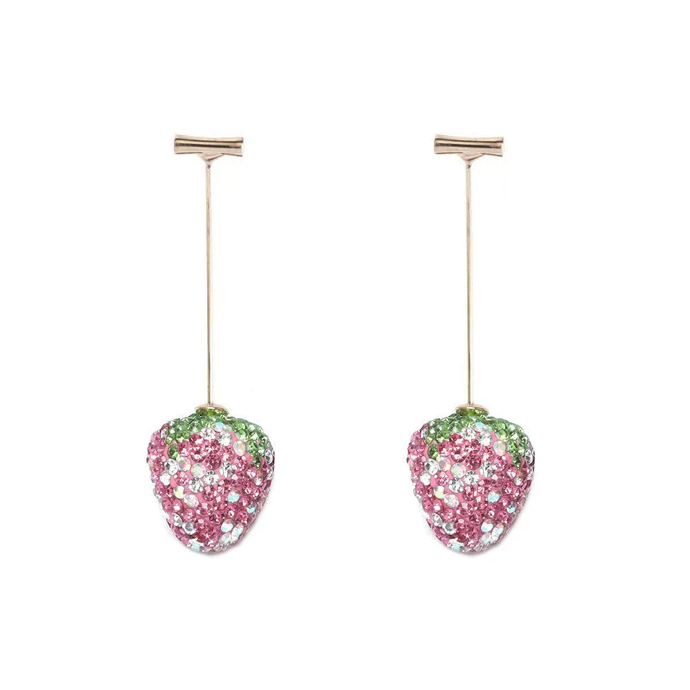 Pair of women's geometric strawberry charm earrings in zinc alloy, spot drill red finish.