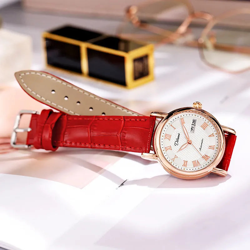 Women's automatic mechanical fashion watch with steel bracelet and white dial showing 12mm thickness