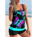 Plus size women's swimsuit set with butterfly print, adjustable strap top, and conservative beach shorts