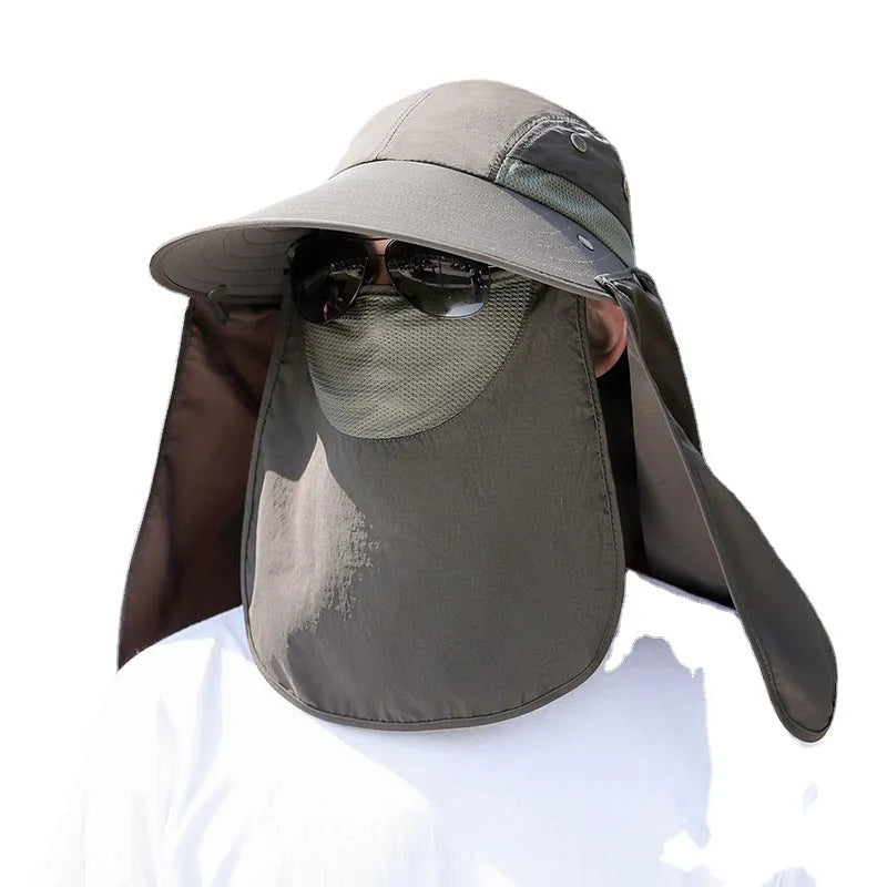 Men's khaki sun hat with built-in USB fan and fabric covering for neck and face.