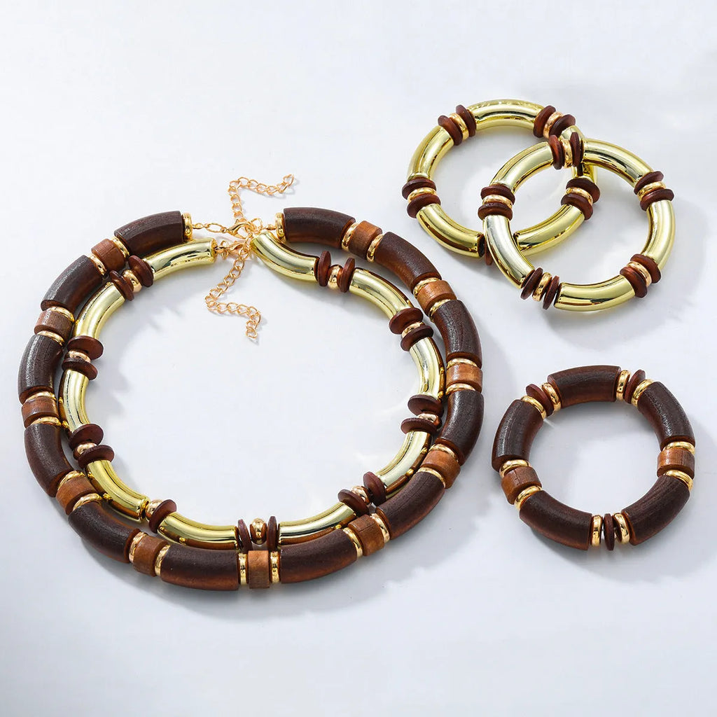 Women's multi-layer wooden necklace and bracelet set with alloy round pendant