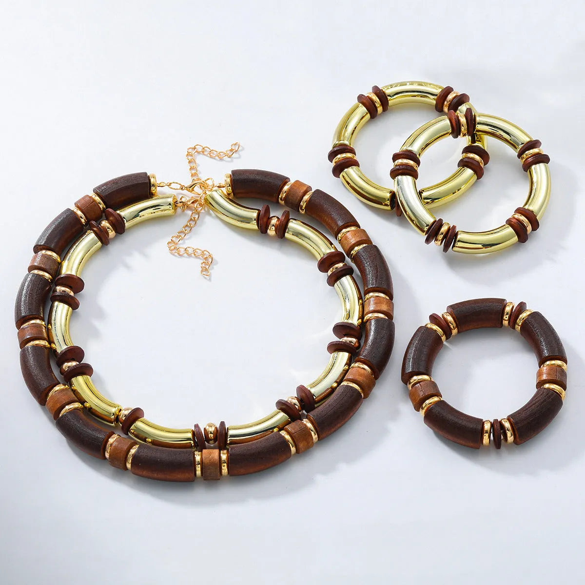 Women's multi-layer wooden necklace and bracelet set with alloy round pendant