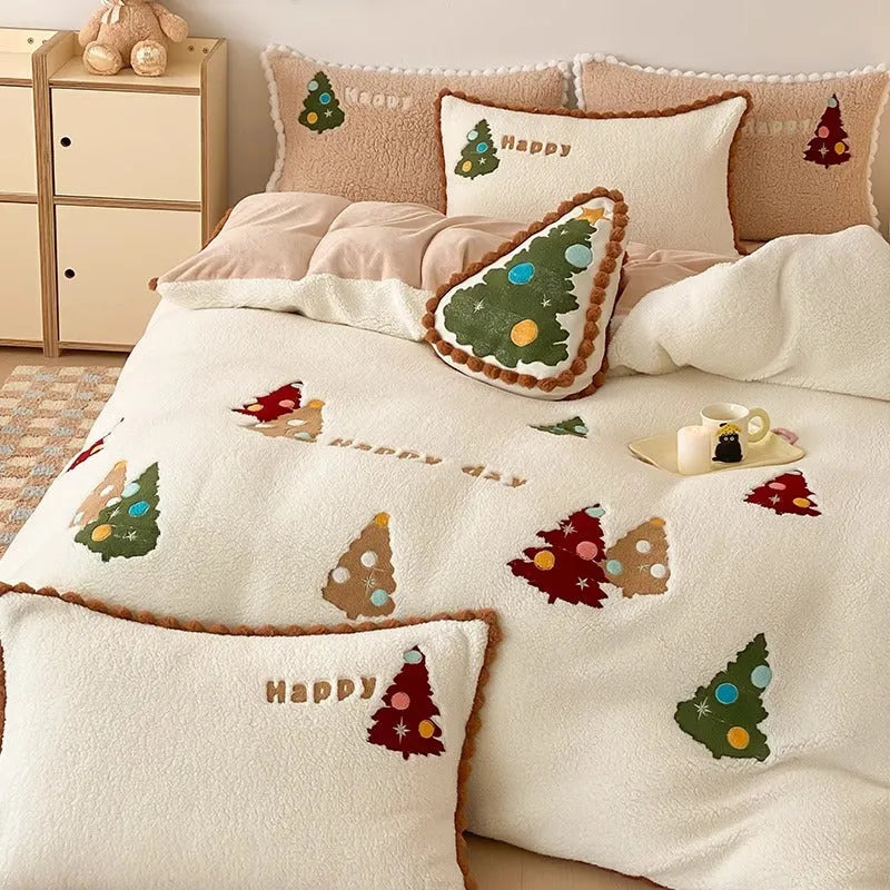 Bright yellow winter bedding set with Christmas tree pattern and fleece lining