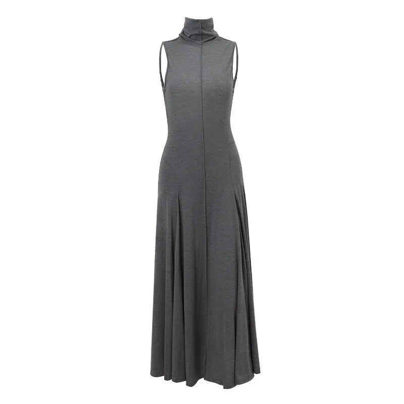 Grey slim-fit half turtleneck backless dress for women with high waist