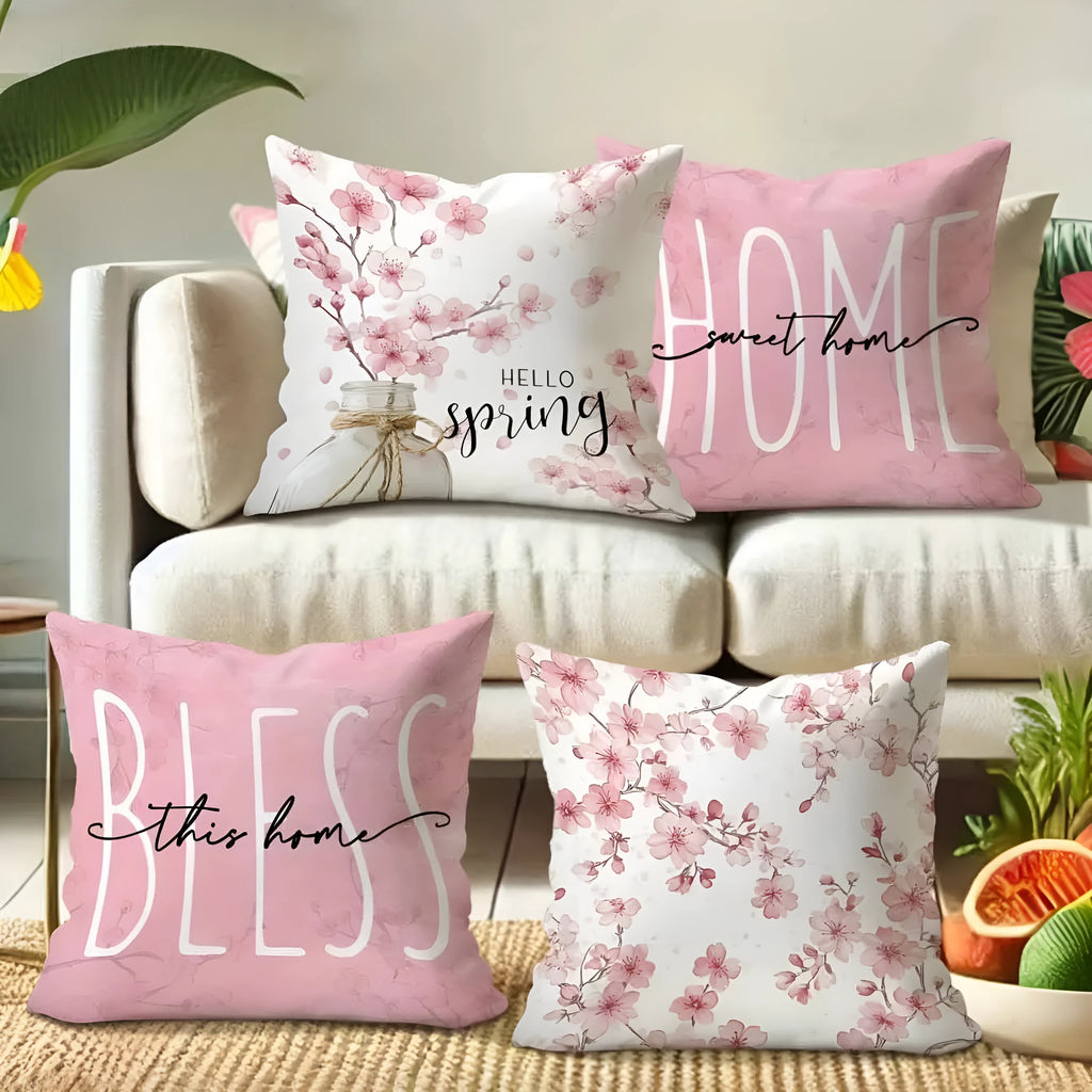Square short velvet pillow cover with cherry blossom print, 45cm size, shown in one of four colour options.