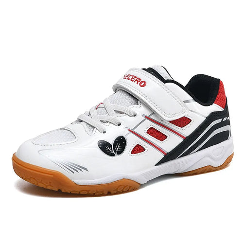 White and blue badminton shoes with PVC upper, rib bottom sole, and low-top wedge design