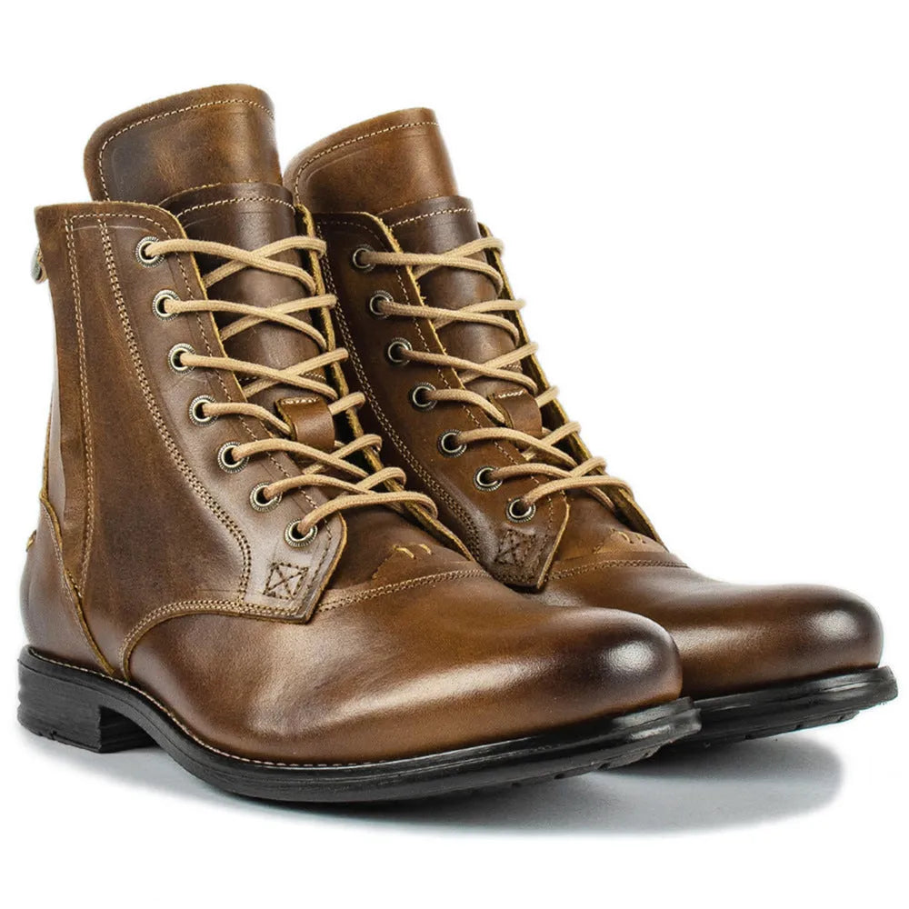 Knight Series two-tone leather boots with side zipper in black, showing low heel and beef tendon construction.