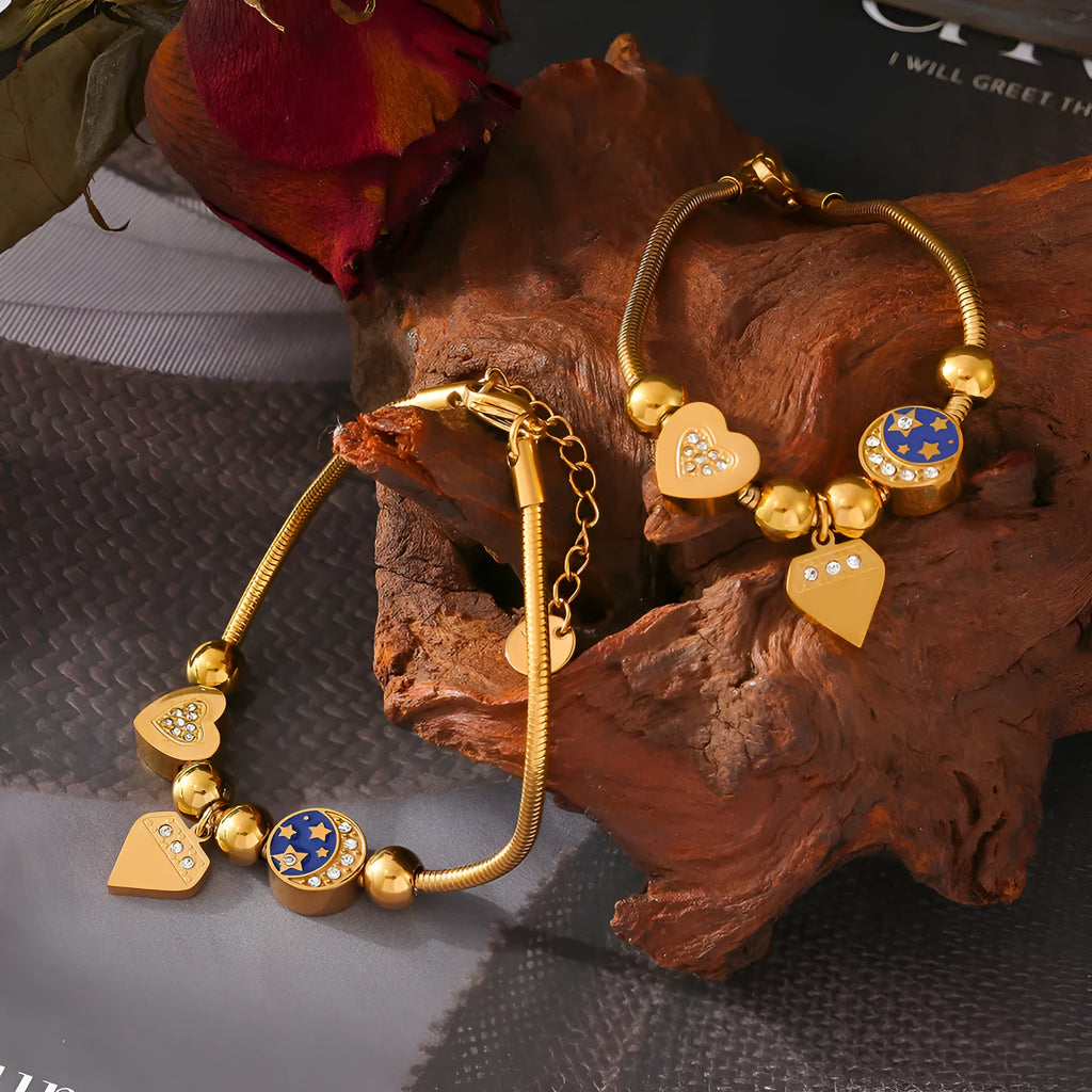 Gold stainless steel women's bracelet with heart-shaped geometric drop oil design on chain