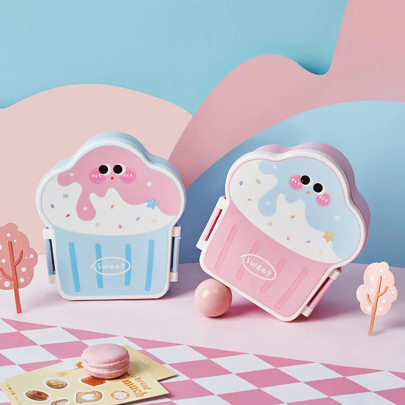 Pink and blue ice cream shaped plastic lunch box with compartments and included utensils