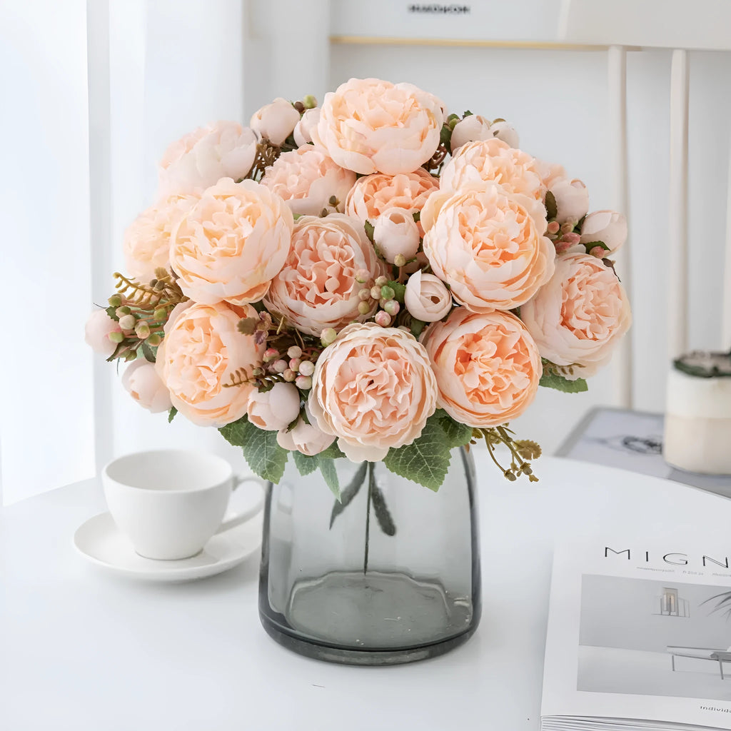 Silk artificial peony flower bouquet in champagne colour for home or wedding decoration.