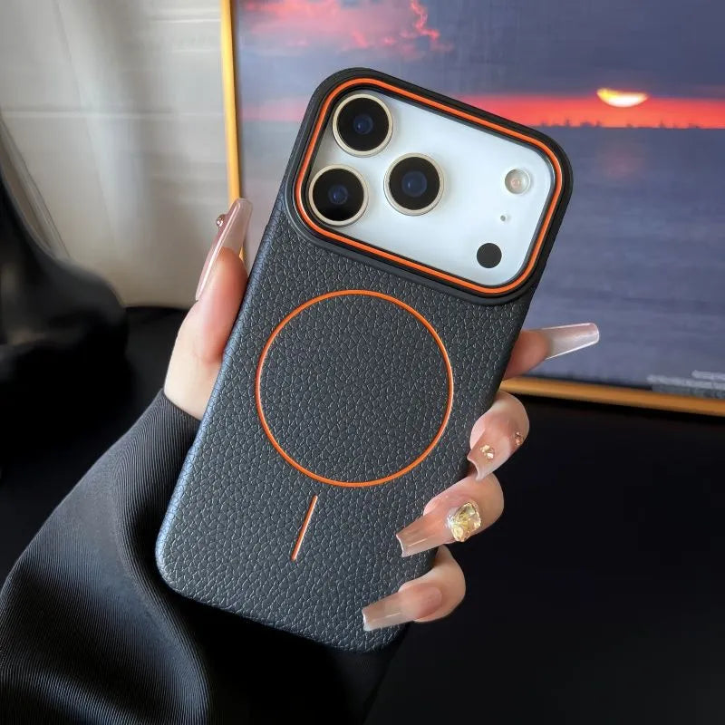 TPU magnetic phone case with litchi pattern texture in black, showing shockproof full-coverage fit for iPhone