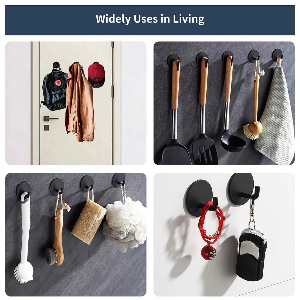 Stainless steel self-adhesive hook in black and polished finishes for bathroom or kitchen use.