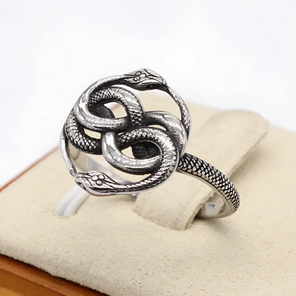 Retro double snake titanium steel ring in steel colour showing detailed snake design