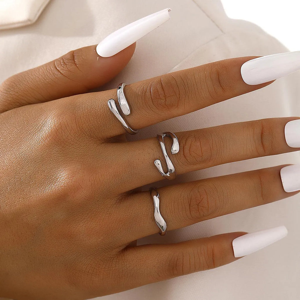 Women's irregular water drop ring suit 3-piece set in gold alloy on white background